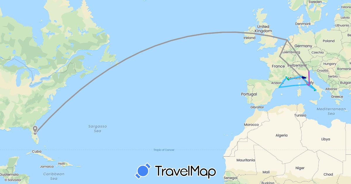 TravelMap itinerary: driving, bus, plane, train, boat in Spain, France, Italy, Monaco, Netherlands, United States (Europe, North America)